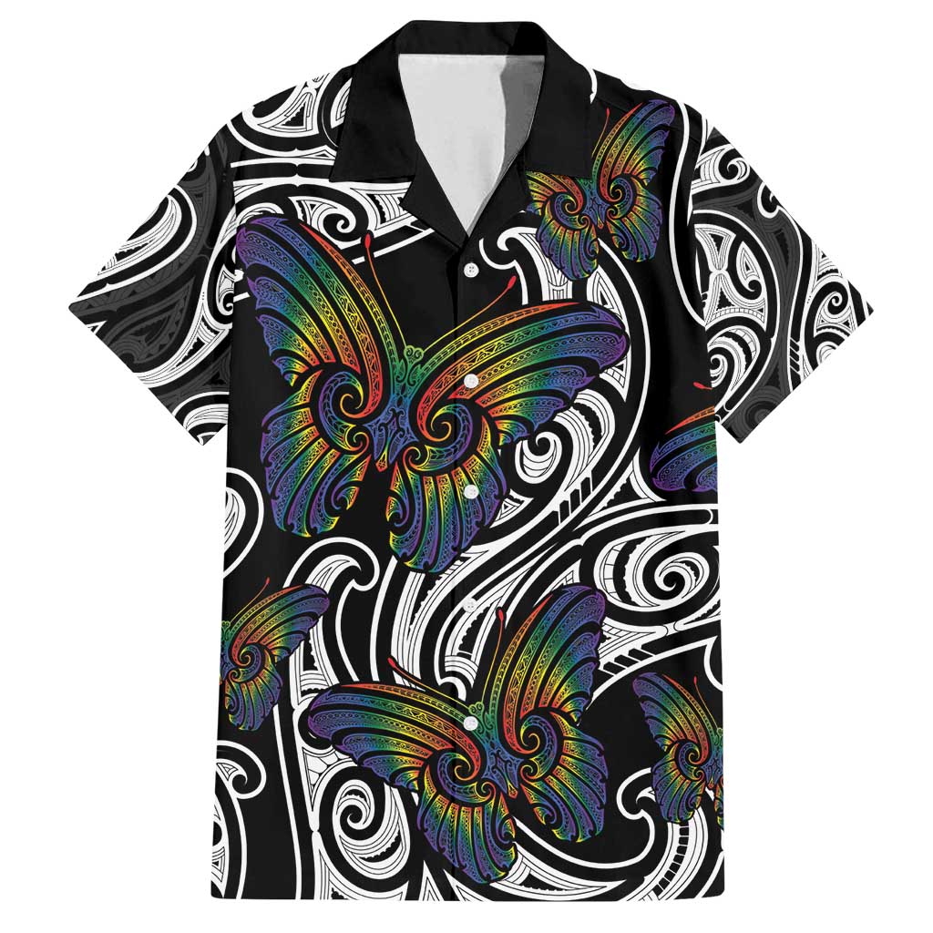 Aotearoa Takatapui Pride Family Matching Off Shoulder Short Dress and Hawaiian Shirt Rainbow Butterfly - Free To Love LT7 Dad's Shirt - Short Sleeve Black - Polynesian Pride