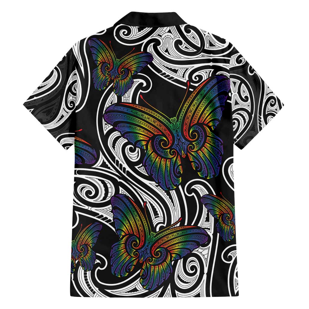 Aotearoa Takatapui Pride Family Matching Off Shoulder Short Dress and Hawaiian Shirt Rainbow Butterfly - Free To Love LT7 - Polynesian Pride