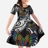 Aotearoa Takatapui Pride Family Matching Summer Maxi Dress and Hawaiian Shirt Rainbow Butterfly - Free To Love LT7 Daughter's Dress Black - Polynesian Pride