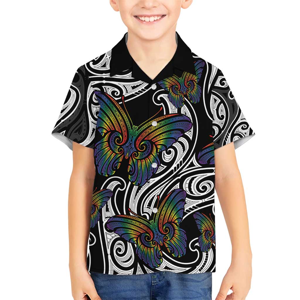 Aotearoa Takatapui Pride Family Matching Summer Maxi Dress and Hawaiian Shirt Rainbow Butterfly - Free To Love LT7 Son's Shirt Black - Polynesian Pride