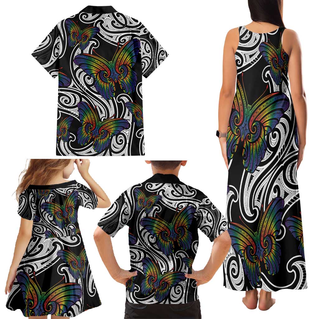 Aotearoa Takatapui Pride Family Matching Tank Maxi Dress and Hawaiian Shirt Rainbow Butterfly - Free To Love