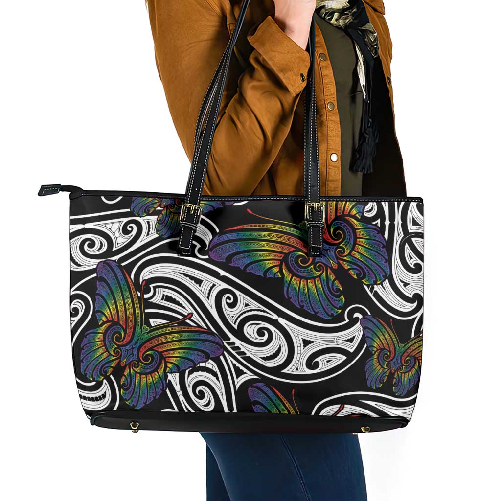 Aotearoa Takatapui Pride Leather Tote Bag Rainbow Butterfly - Free To Love LT7 - Polynesian Pride