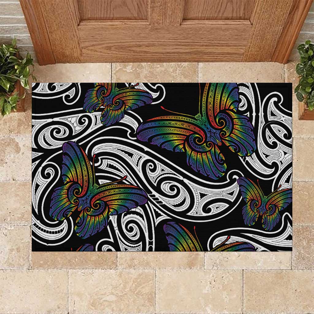 Aotearoa Takatapui Pride Rubber Doormat Rainbow Butterfly - Free To Love