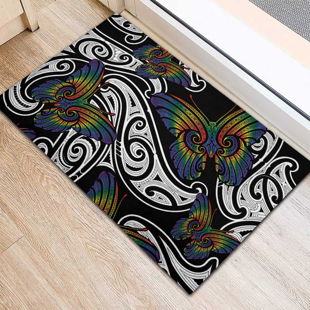 Aotearoa Takatapui Pride Rubber Doormat Rainbow Butterfly - Free To Love