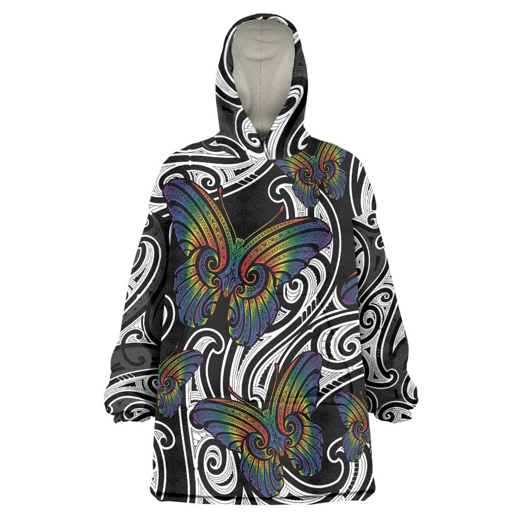 Aotearoa Takatapui Pride Wearable Blanket Hoodie Rainbow Butterfly - Free To Love