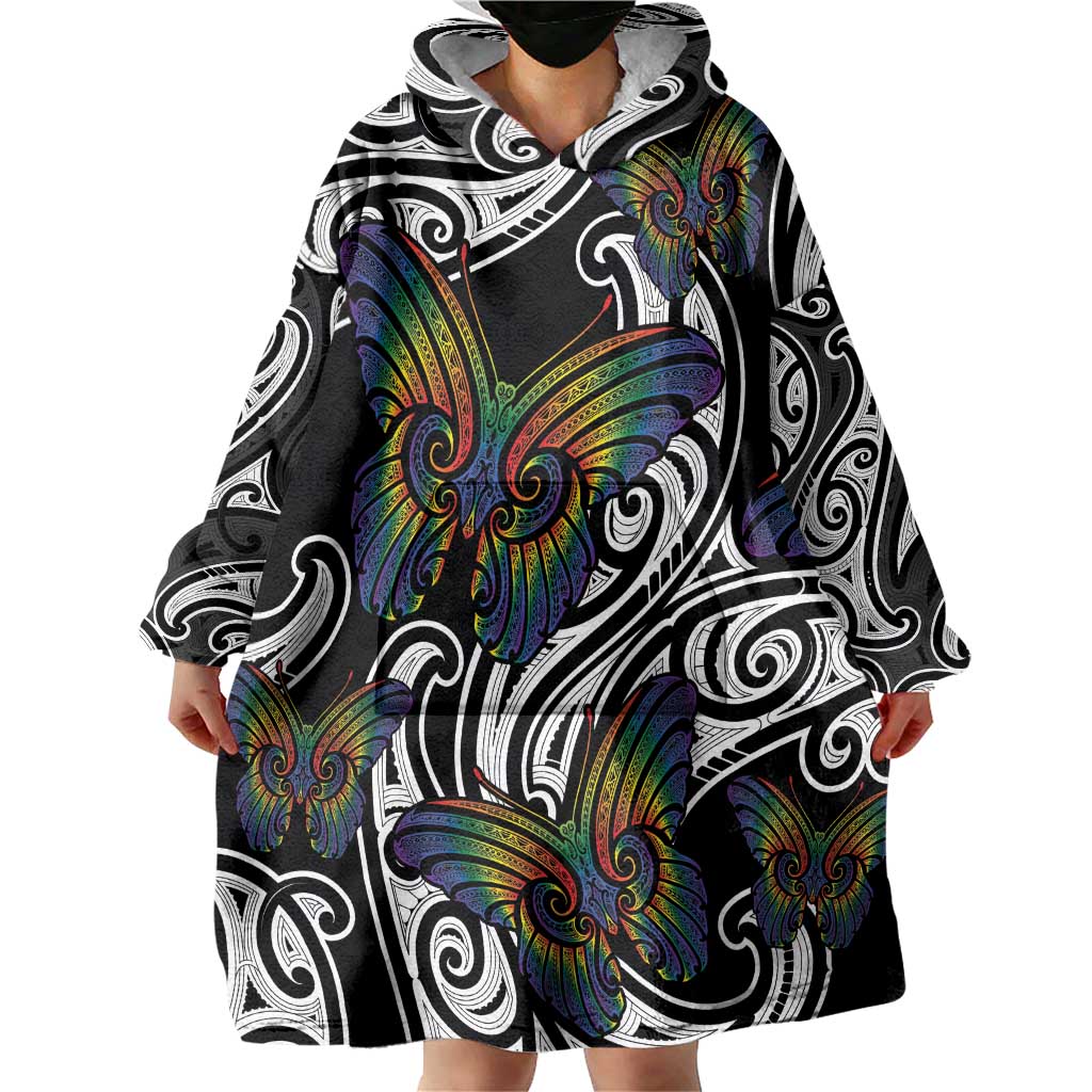 Aotearoa Takatapui Pride Wearable Blanket Hoodie Rainbow Butterfly - Free To Love