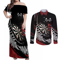 New Zealand Darts Personalised Couples Matching Off Shoulder Maxi Dress and Long Sleeve Button Shirt Silver Fern Dynamic