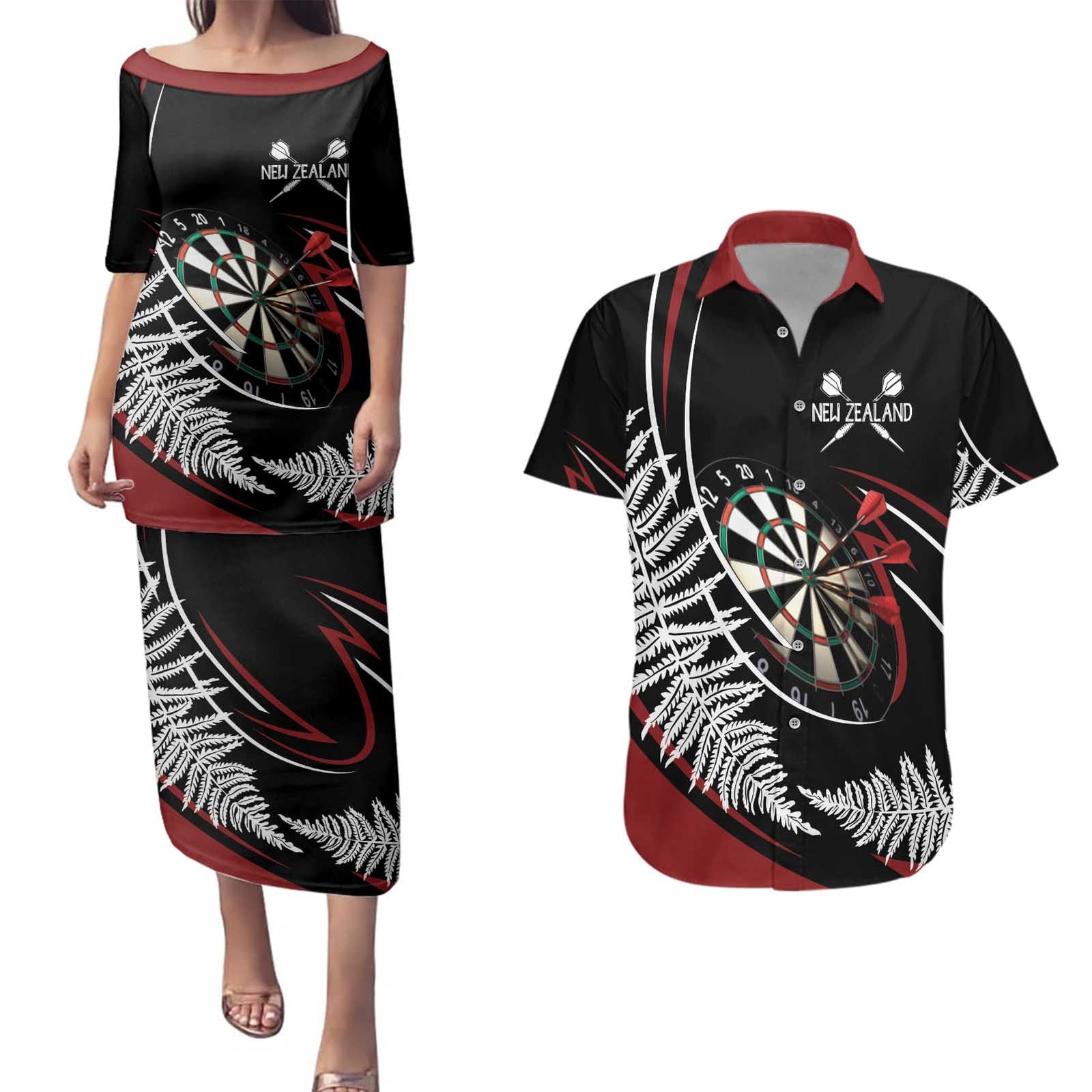 New Zealand Darts Personalised Couples Matching Puletasi and Hawaiian Shirt Silver Fern Dynamic