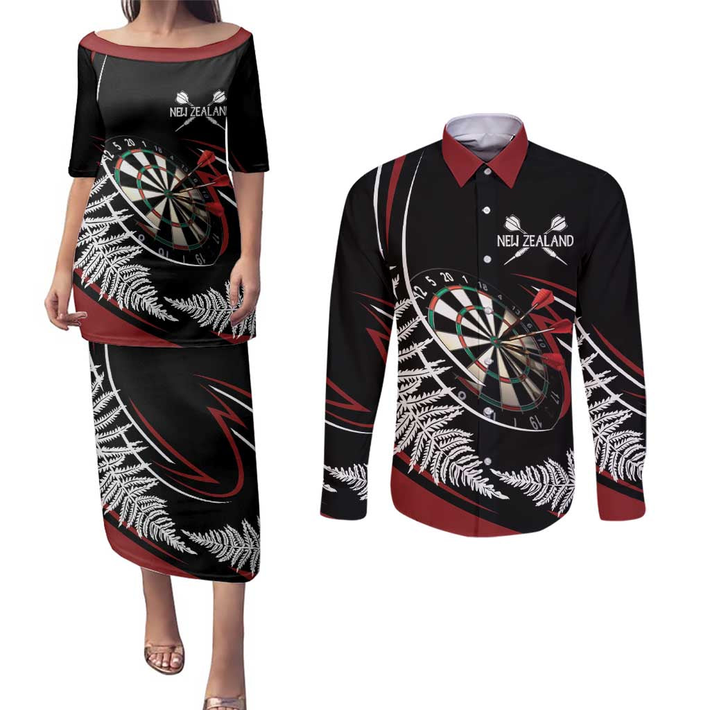 New Zealand Darts Personalised Couples Matching Puletasi and Long Sleeve Button Shirt Silver Fern Dynamic