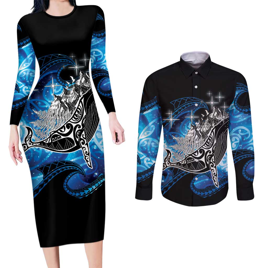 Maori Matariki Te Araroa Paikea Starry Couples Matching Long Sleeve Bodycon Dress and Long Sleeve Button Shirt Tangaroa Whakatauki