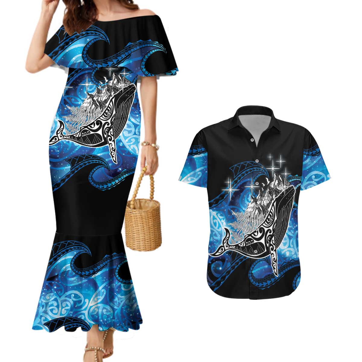 Maori Matariki Te Araroa Paikea Starry Couples Matching Mermaid Dress and Hawaiian Shirt Tangaroa Whakatauki