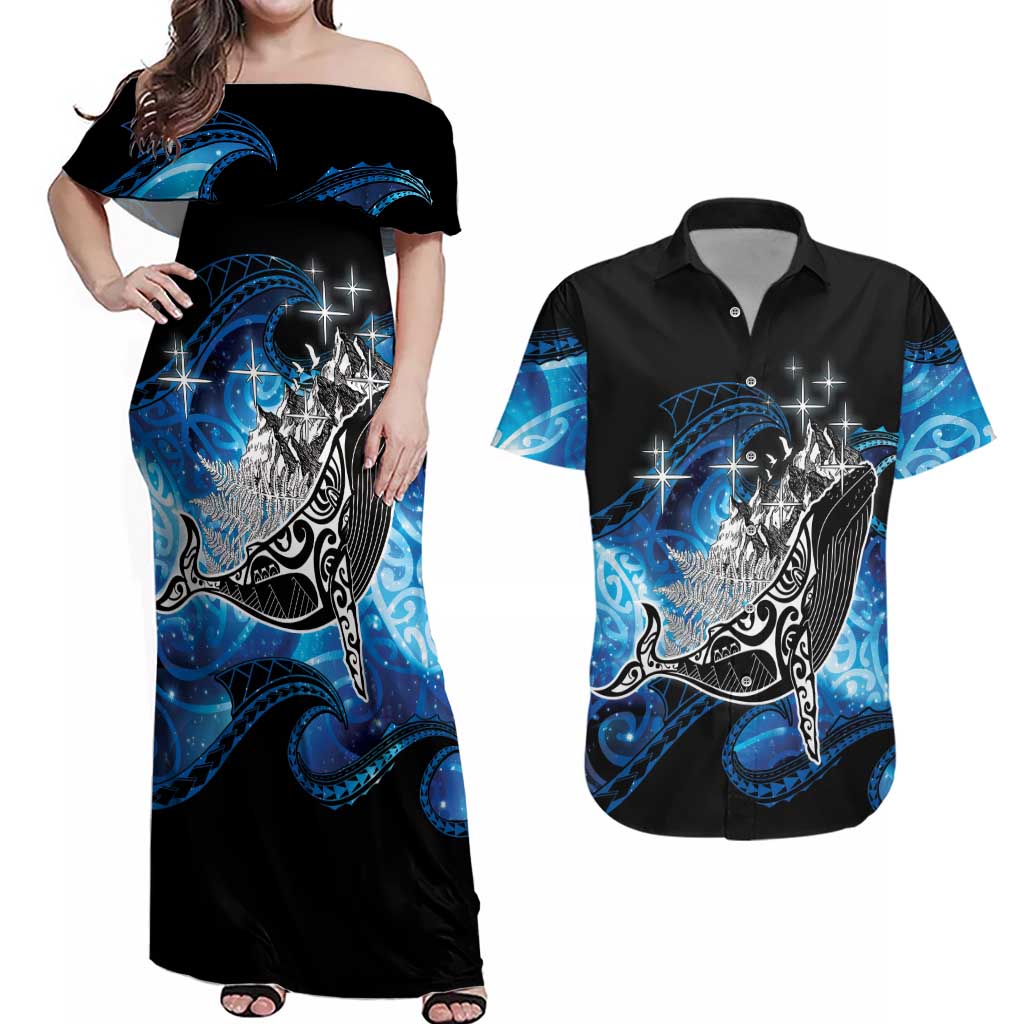 Maori Matariki Te Araroa Paikea Starry Couples Matching Off Shoulder Maxi Dress and Hawaiian Shirt Tangaroa Whakatauki