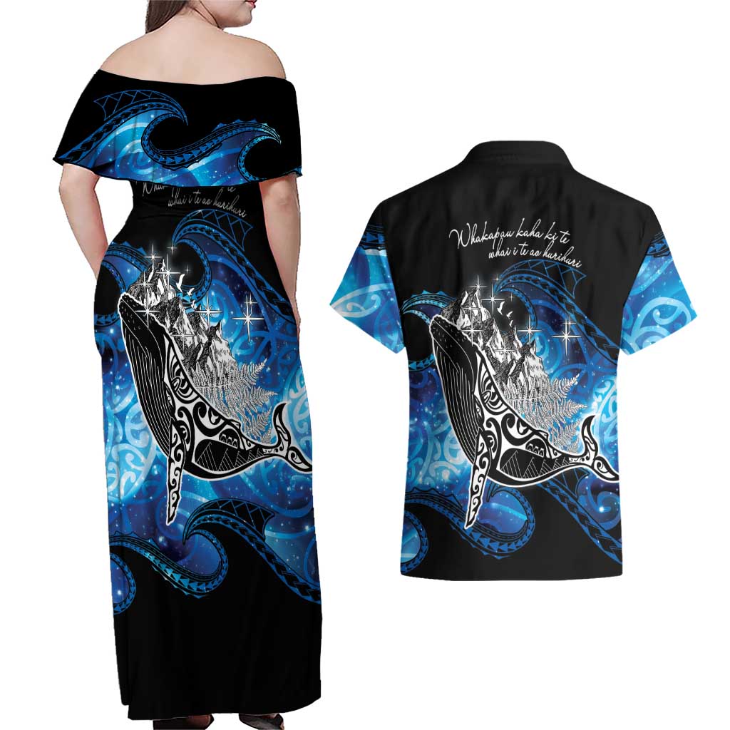 Maori Matariki Te Araroa Paikea Starry Couples Matching Off Shoulder Maxi Dress and Hawaiian Shirt Tangaroa Whakatauki