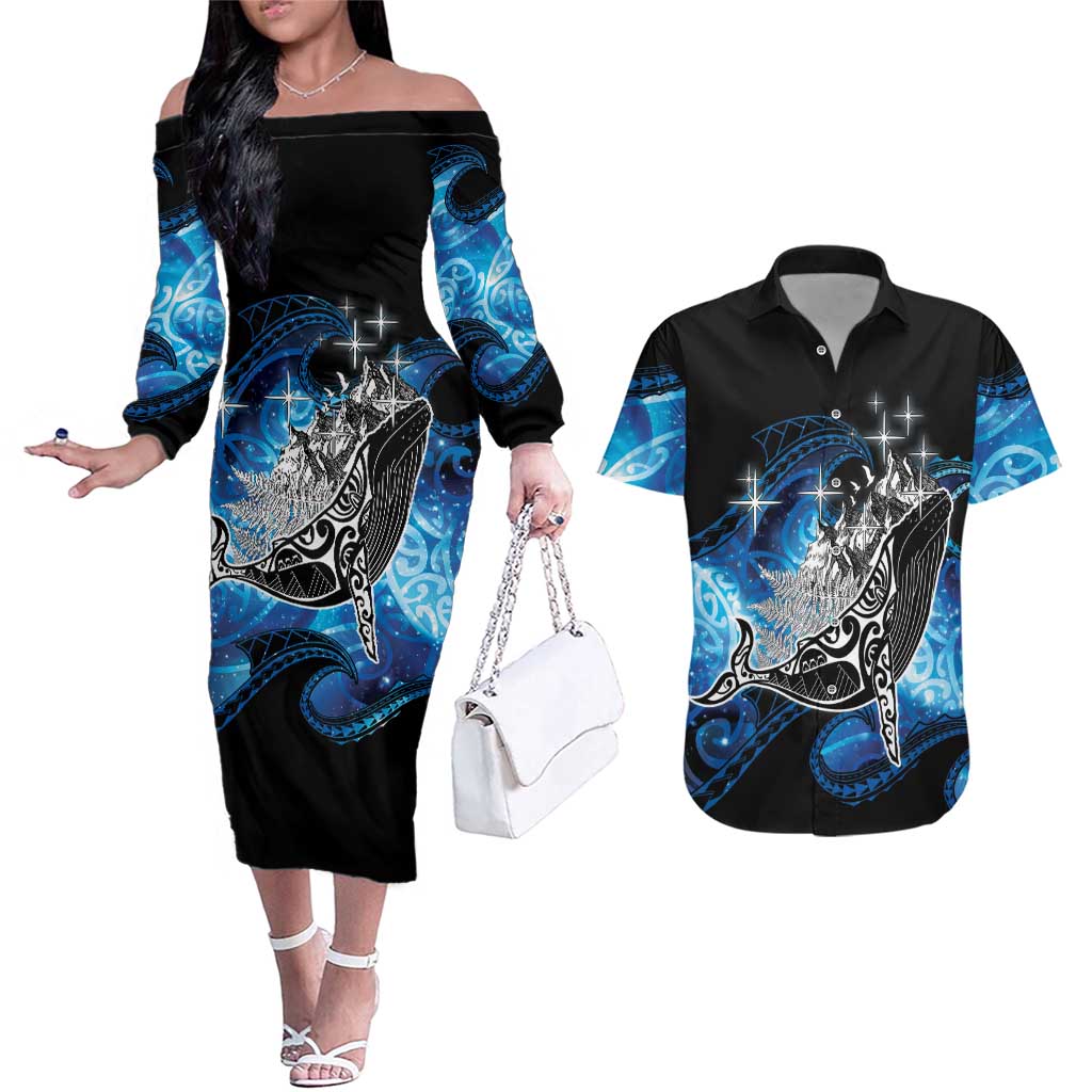Maori Matariki Te Araroa Paikea Starry Couples Matching Off The Shoulder Long Sleeve Dress and Hawaiian Shirt Tangaroa Whakatauki LT7 Black - Polynesian Pride