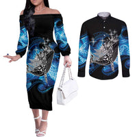 Maori Matariki Te Araroa Paikea Starry Couples Matching Off The Shoulder Long Sleeve Dress and Long Sleeve Button Shirt Tangaroa Whakatauki LT7 Black - Polynesian Pride