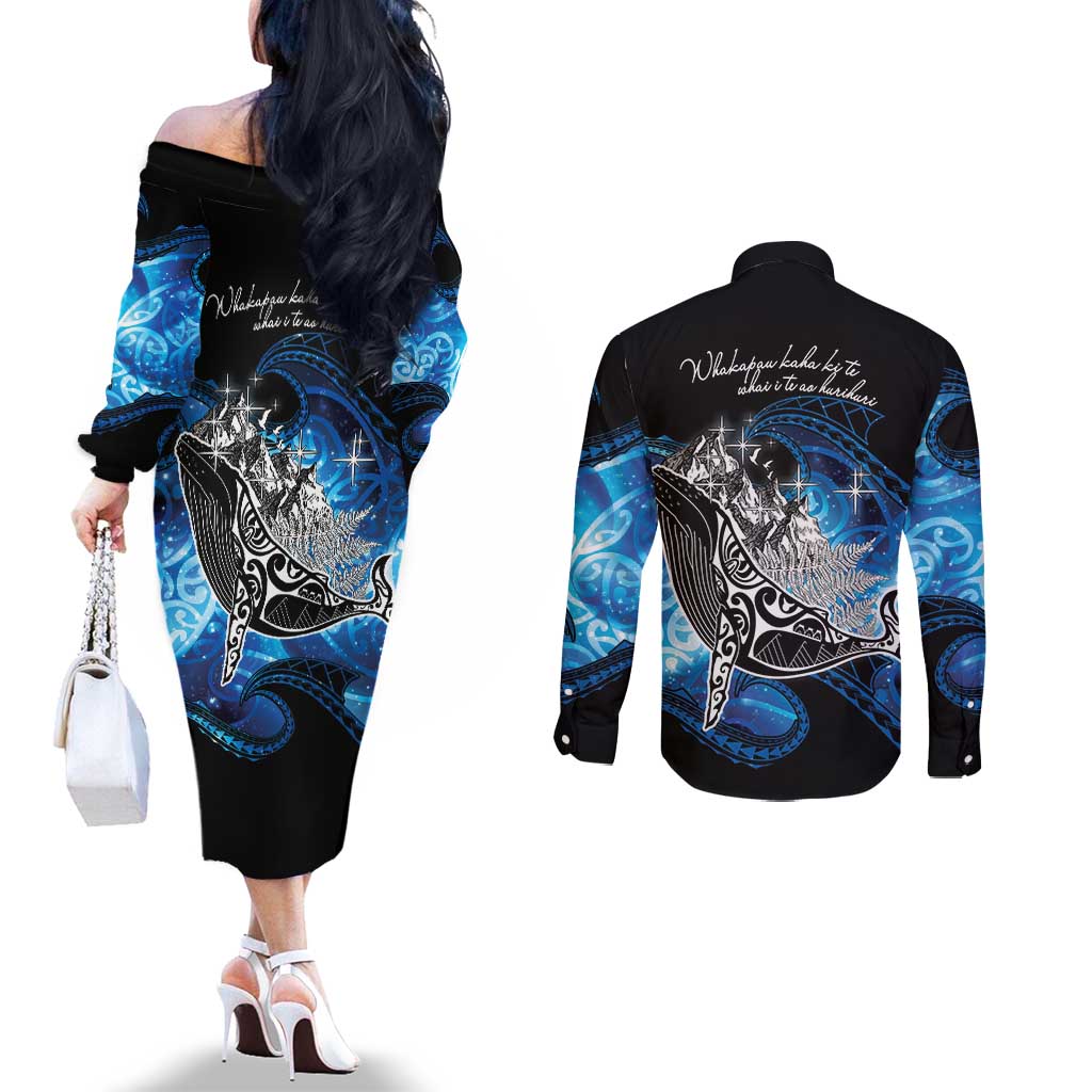 Maori Matariki Te Araroa Paikea Starry Couples Matching Off The Shoulder Long Sleeve Dress and Long Sleeve Button Shirt Tangaroa Whakatauki LT7 - Polynesian Pride