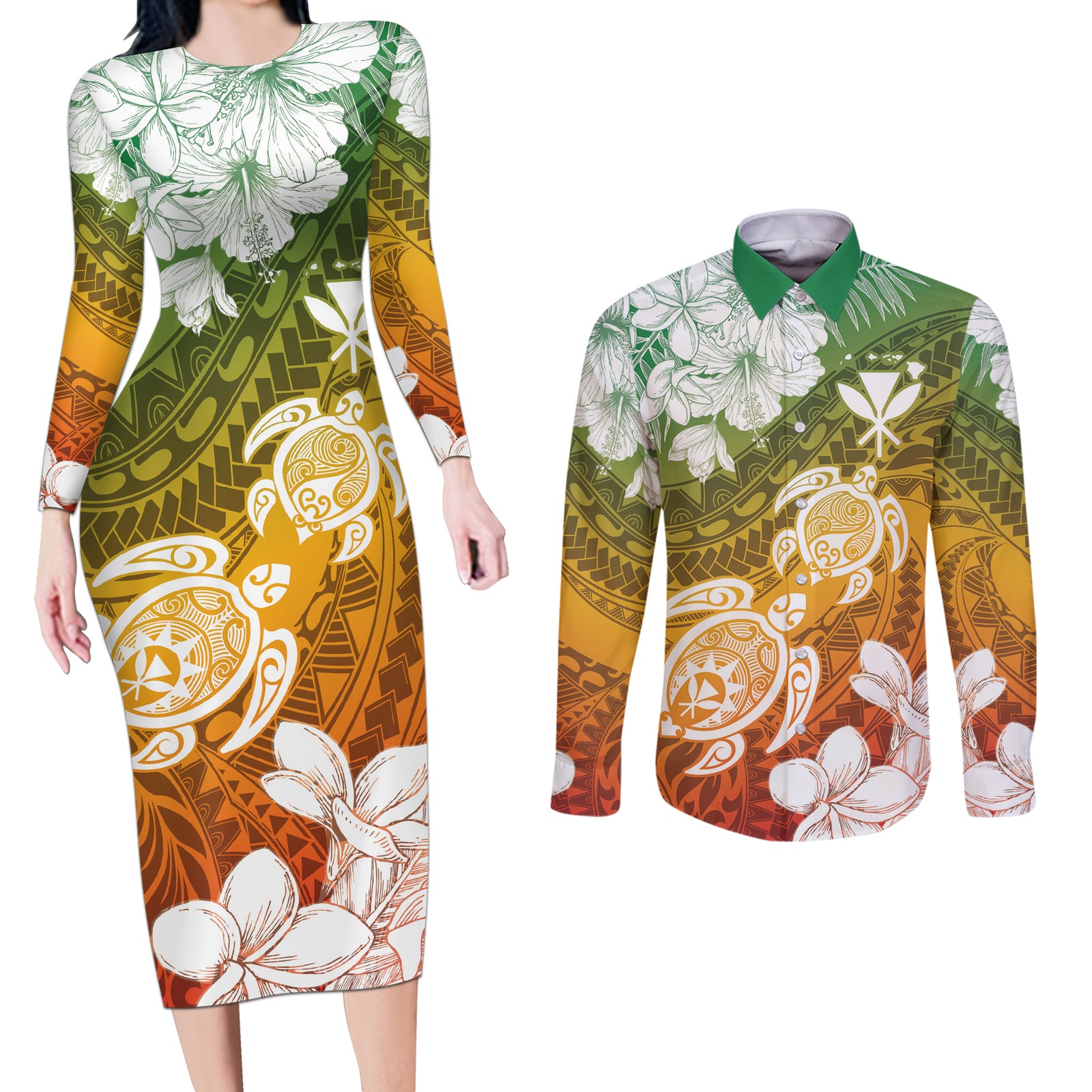 Kanaka Maoli Hawaii Flag Day Couples Matching Long Sleeve Bodycon Dress and Long Sleeve Button Shirt Vibrant Frangipani