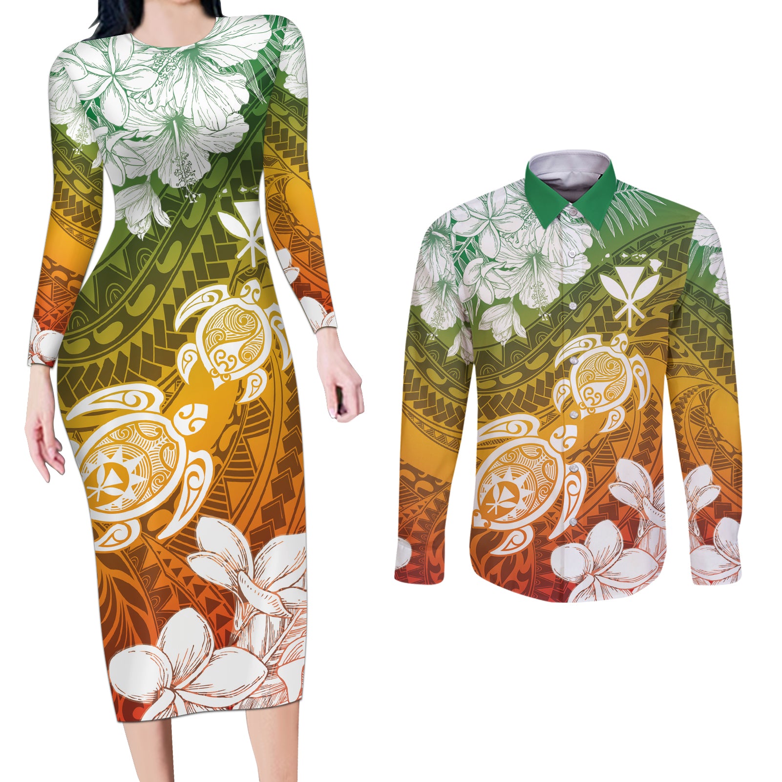 Kanaka Maoli Hawaii Flag Day Couples Matching Long Sleeve Bodycon Dress and Long Sleeve Button Shirt Vibrant Frangipani