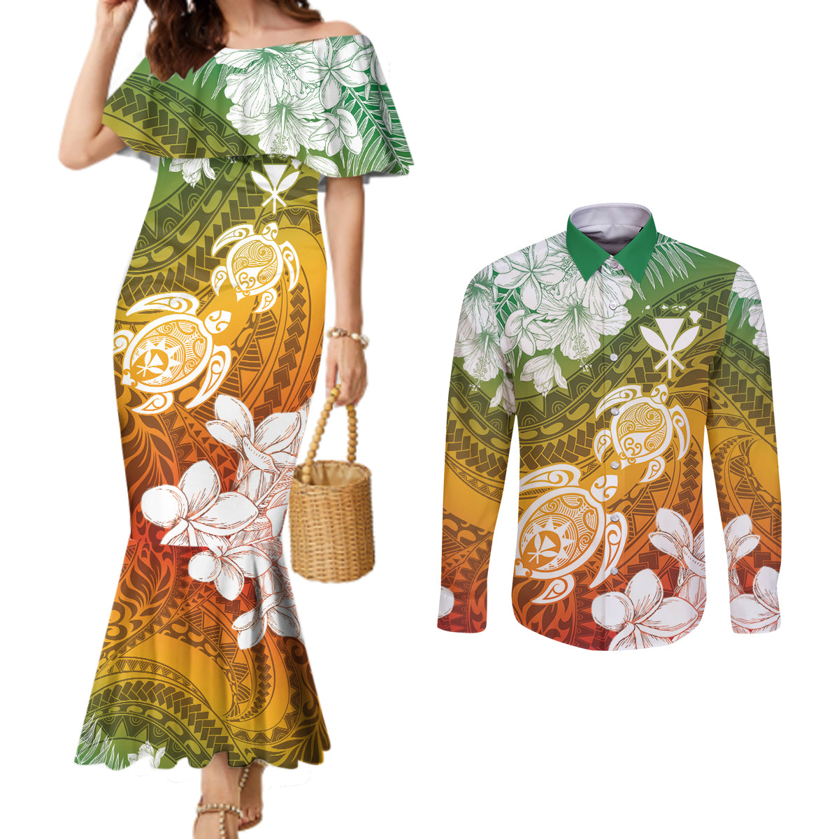 Kanaka Maoli Hawaii Flag Day Couples Matching Mermaid Dress and Long Sleeve Button Shirt Vibrant Frangipani