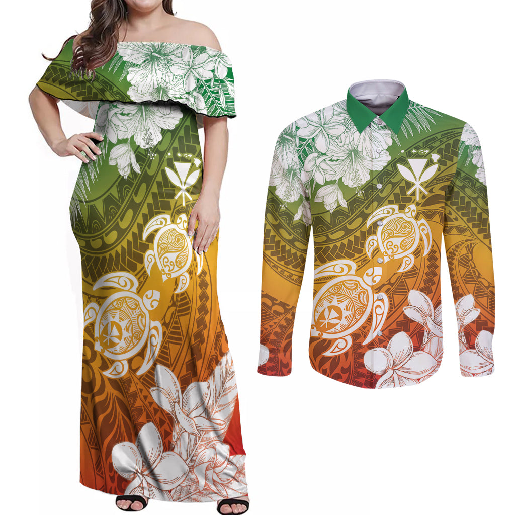 Kanaka Maoli Hawaii Flag Day Couples Matching Off Shoulder Maxi Dress and Long Sleeve Button Shirt Vibrant Frangipani
