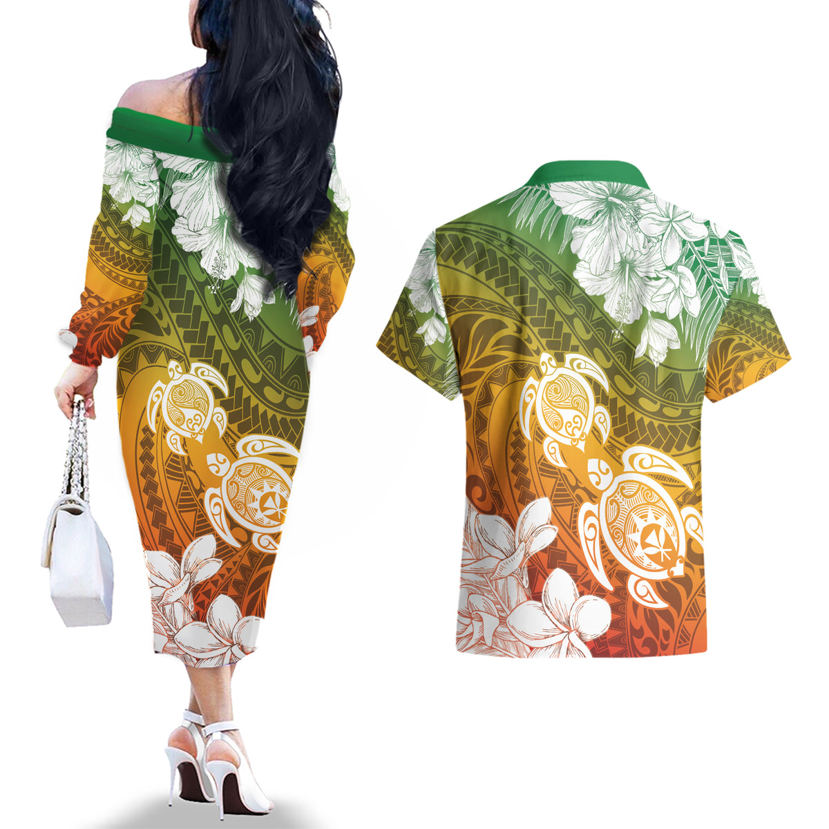 Kanaka Maoli Hawaii Flag Day Couples Matching Off The Shoulder Long Sleeve Dress and Hawaiian Shirt Vibrant Frangipani