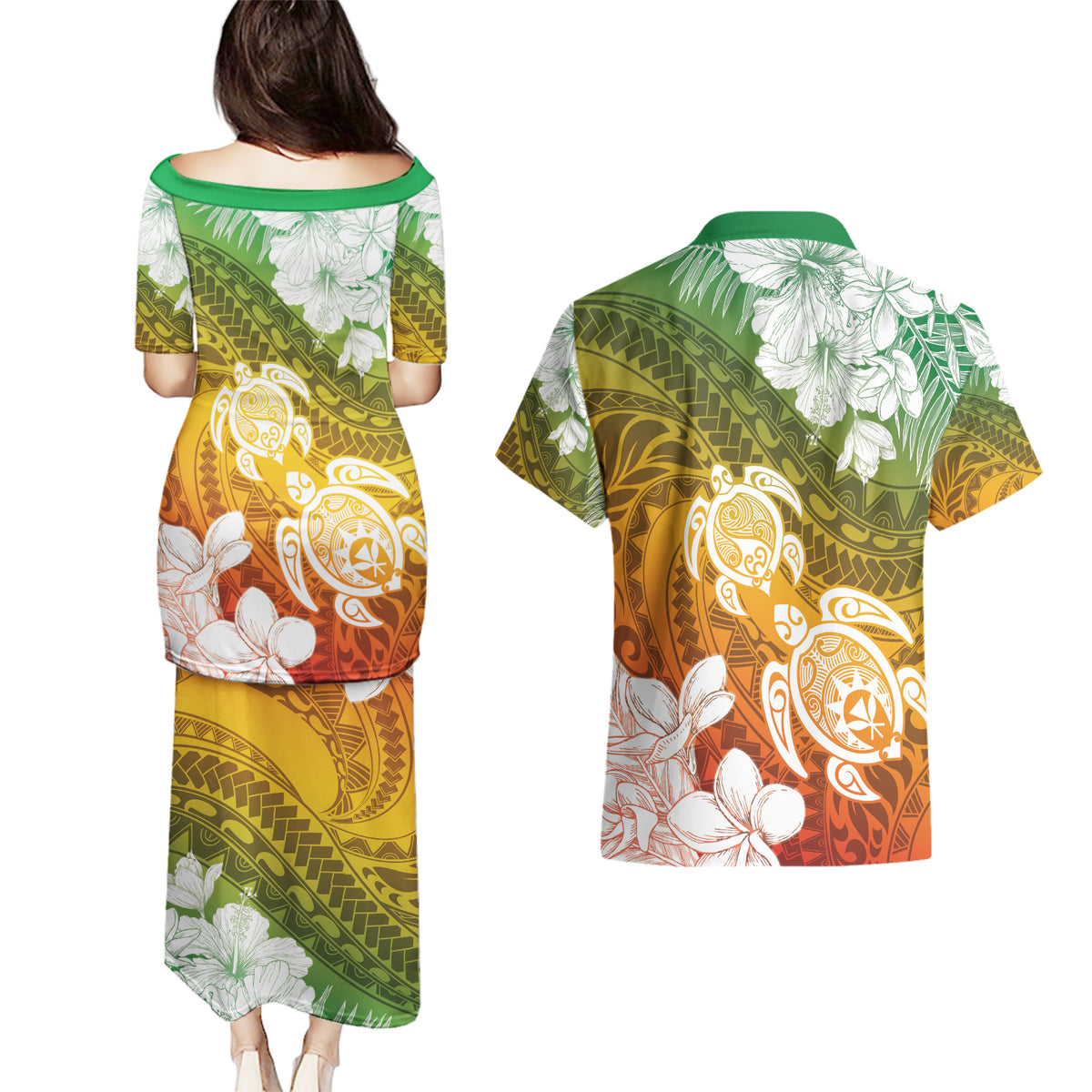 Kanaka Maoli Hawaii Flag Day Couples Matching Puletasi and Hawaiian Shirt Vibrant Frangipani