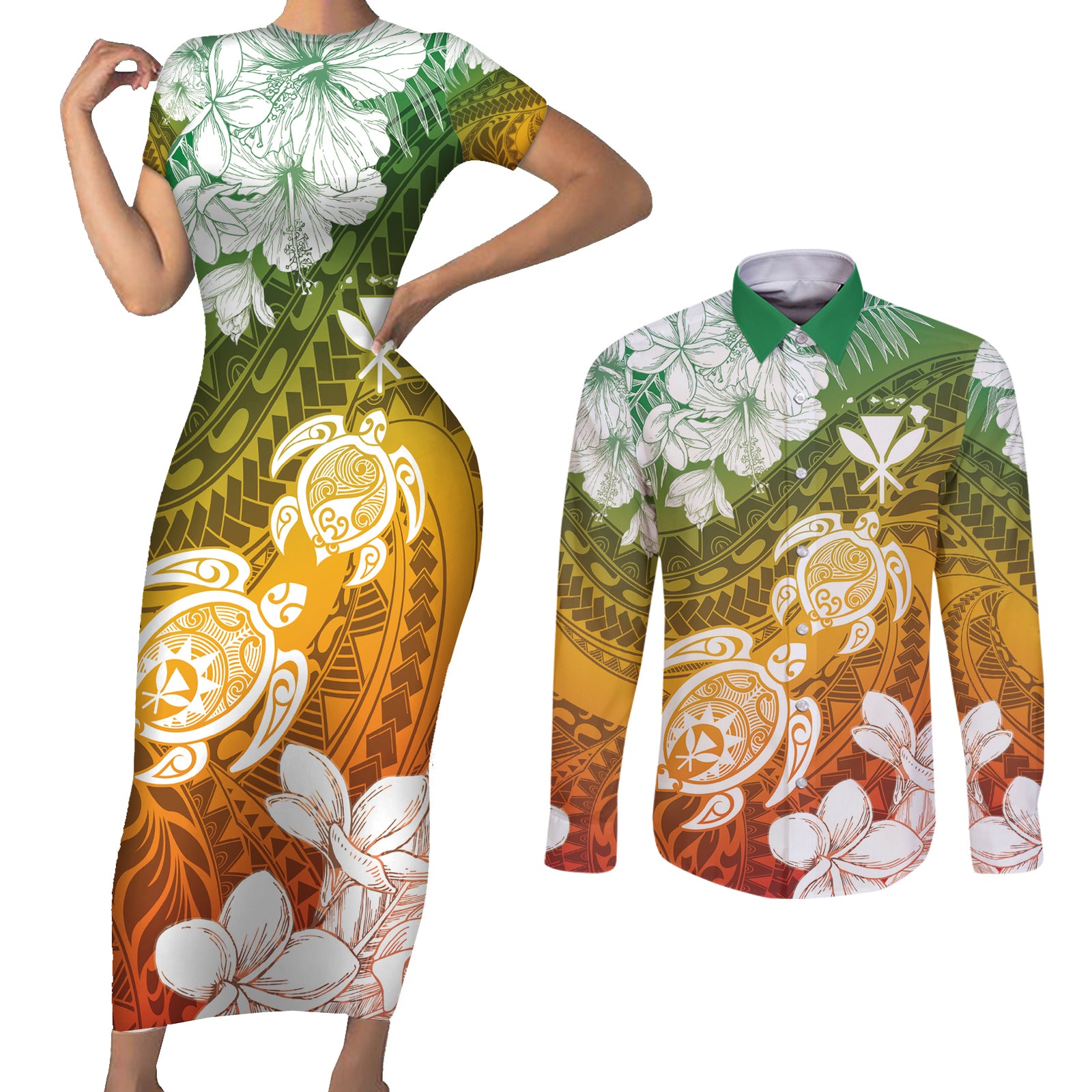 Kanaka Maoli Hawaii Flag Day Couples Matching Short Sleeve Bodycon Dress and Long Sleeve Button Shirt Vibrant Frangipani