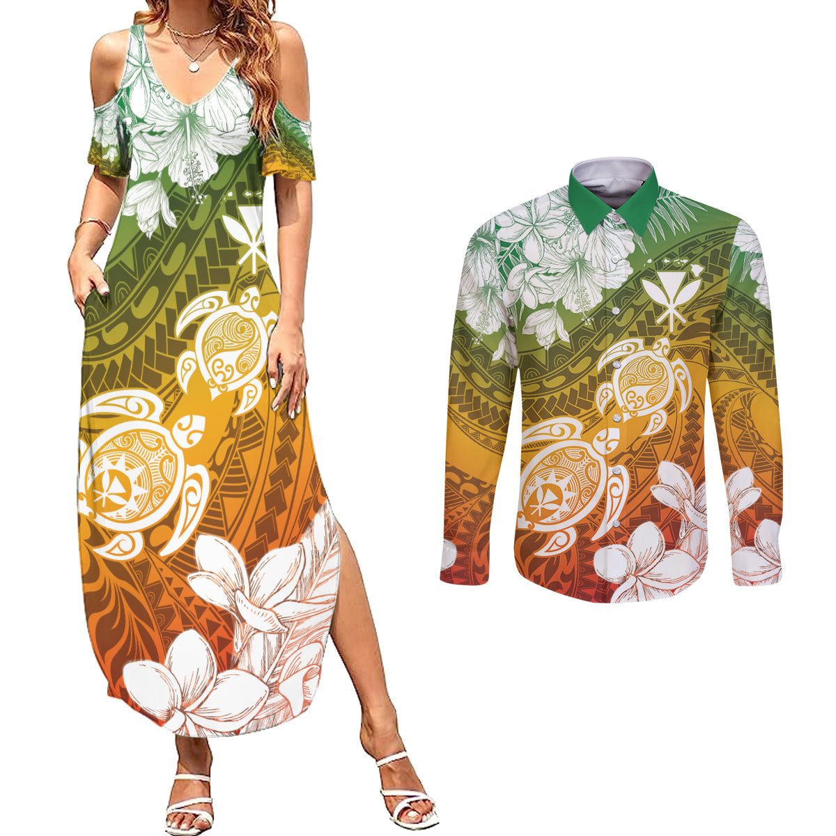 Kanaka Maoli Hawaii Flag Day Couples Matching Summer Maxi Dress and Long Sleeve Button Shirt Vibrant Frangipani