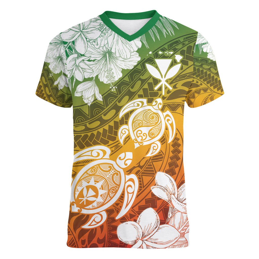 Kanaka Maoli Hawaii Flag Day Women V-Neck T-Shirt Vibrant Frangipani