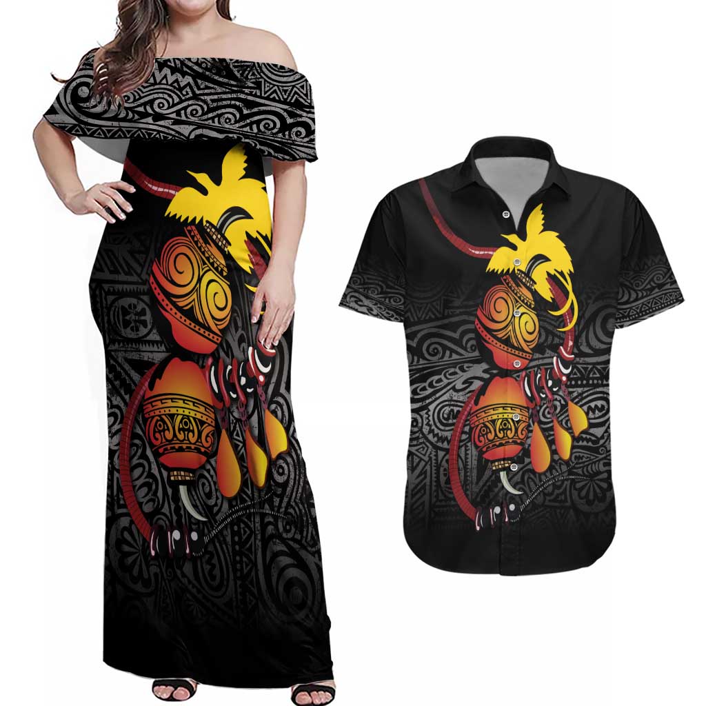 Personalized Papua New Guinea Milne Bay Couples Matching Off Shoulder Maxi Dress and Hawaiian Shirt Bagi Necklace Mix Lime Pot Grunge