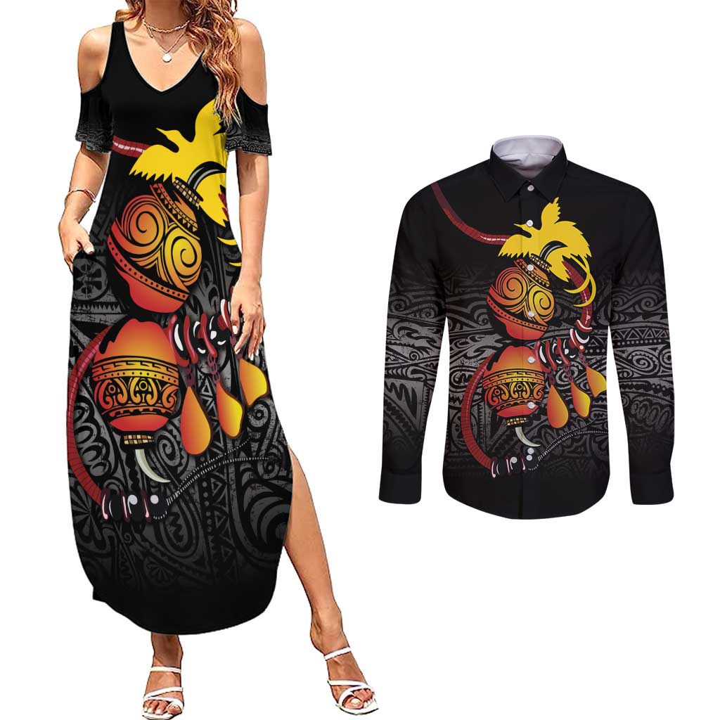 Personalized Papua New Guinea Milne Bay Couples Matching Summer Maxi Dress and Long Sleeve Button Shirt Bagi Necklace Mix Lime Pot Grunge