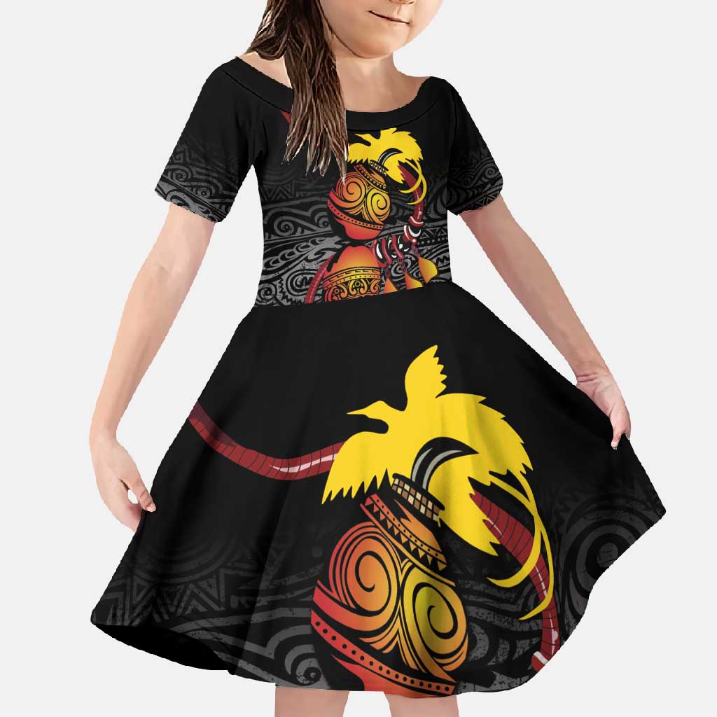 Personalized Papua New Guinea Milne Bay Family Matching Off Shoulder Maxi Dress and Hawaiian Shirt Bagi Necklace Mix Lime Pot Grunge LT7 Daughter's Dress Black - Polynesian Pride