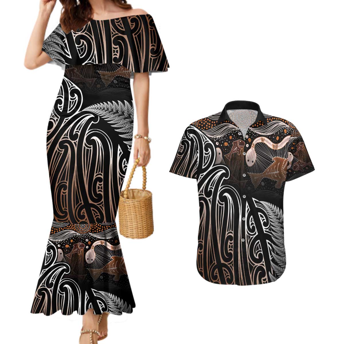Aotearoa Maori - Australia Indigenous Couples Matching Mermaid Dress and Hawaiian Shirt Koiri Whakairo Mix Aboriginal Art LT7 Brown - Polynesian Pride