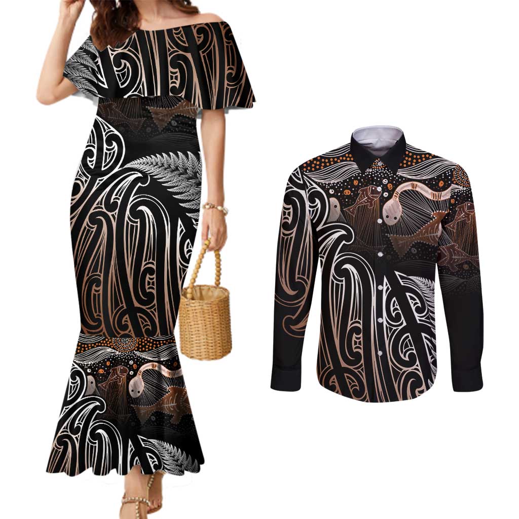 Aotearoa Maori - Australia Indigenous Couples Matching Mermaid Dress and Long Sleeve Button Shirt Koiri Whakairo Mix Aboriginal Art - Polynesian Pride