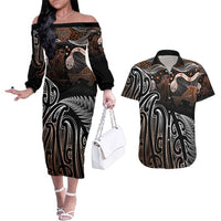 Aotearoa Maori - Australia Indigenous Couples Matching Off The Shoulder Long Sleeve Dress and Hawaiian Shirt Koiri Whakairo Mix Aboriginal Art - Polynesian Pride
