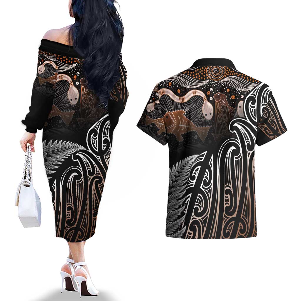 Aotearoa Maori - Australia Indigenous Couples Matching Off The Shoulder Long Sleeve Dress and Hawaiian Shirt Koiri Whakairo Mix Aboriginal Art - Polynesian Pride