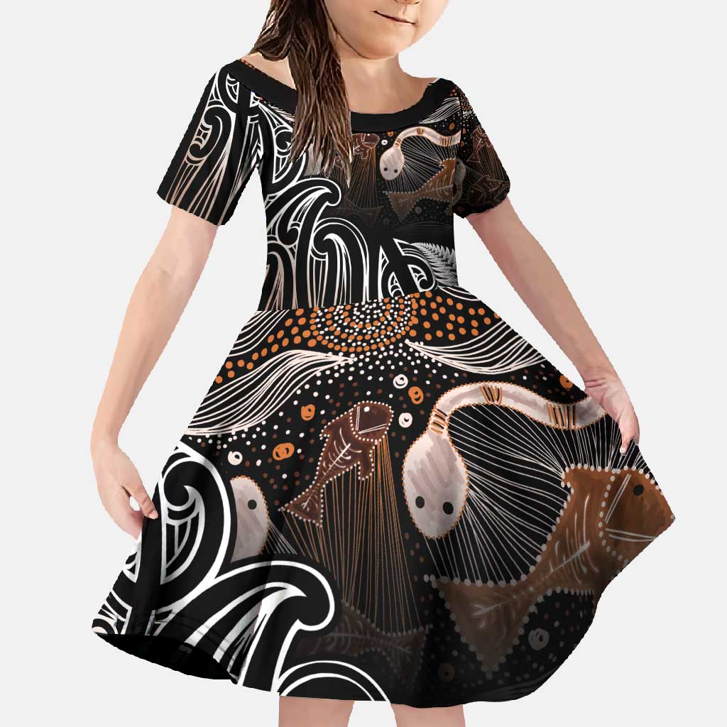 Aotearoa Maori - Australia Indigenous Family Matching Long Sleeve Bodycon Dress and Hawaiian Shirt Koiri Whakairo Mix Aboriginal Art LT7 Daughter's Dress Brown - Polynesian Pride