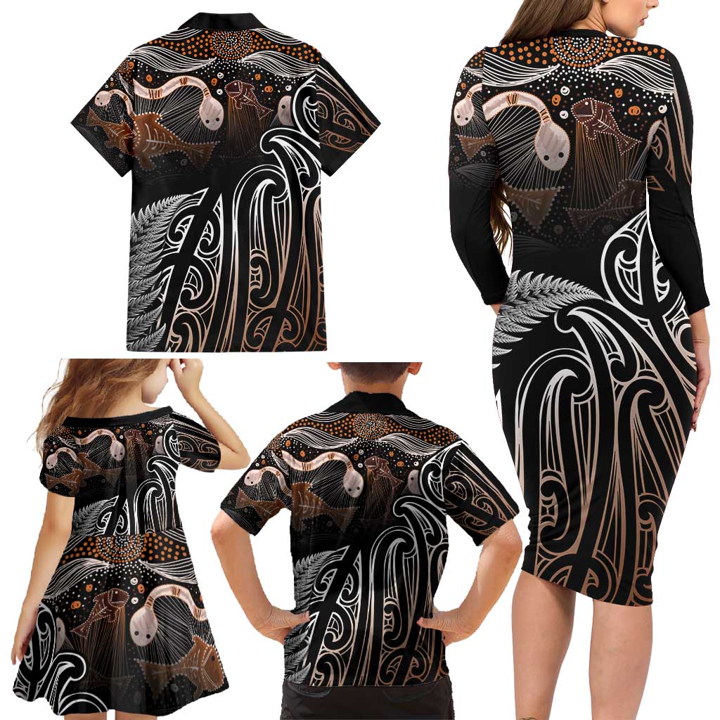 Aotearoa Maori - Australia Indigenous Family Matching Long Sleeve Bodycon Dress and Hawaiian Shirt Koiri Whakairo Mix Aboriginal Art LT7 - Polynesian Pride