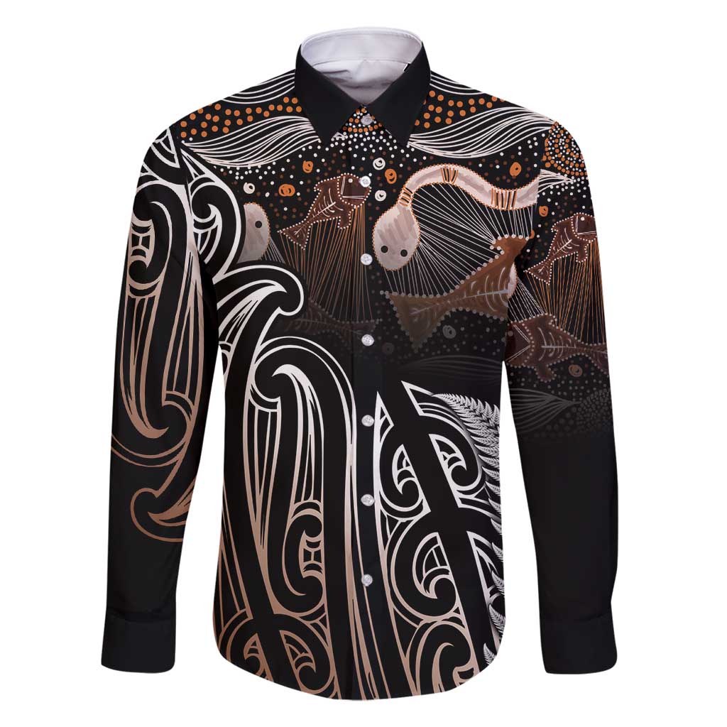 Aotearoa Maori - Australia Indigenous Family Matching Long Sleeve Bodycon Dress and Hawaiian Shirt Koiri Whakairo Mix Aboriginal Art LT7 Dad's Shirt - Long Sleeve Brown - Polynesian Pride