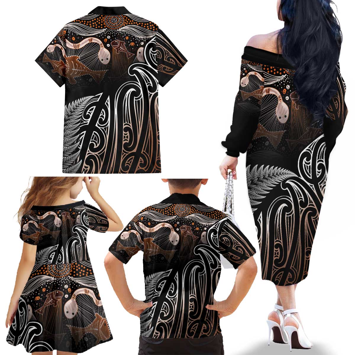 Aotearoa Maori - Australia Indigenous Family Matching Off The Shoulder Long Sleeve Dress and Hawaiian Shirt Koiri Whakairo Mix Aboriginal Art - Polynesian Pride