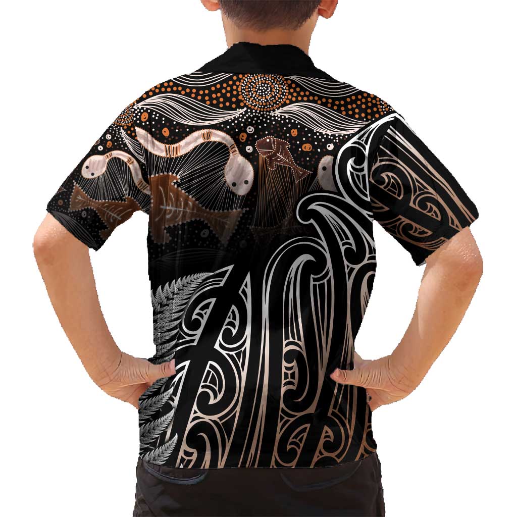 Aotearoa Maori - Australia Indigenous Family Matching Off Shoulder Short Dress and Hawaiian Shirt Koiri Whakairo Mix Aboriginal Art - Polynesian Pride