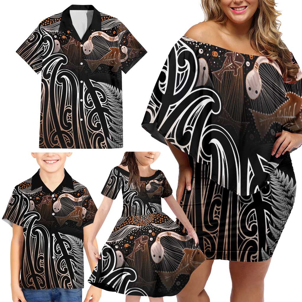 Aotearoa Maori - Australia Indigenous Family Matching Off Shoulder Short Dress and Hawaiian Shirt Koiri Whakairo Mix Aboriginal Art - Polynesian Pride