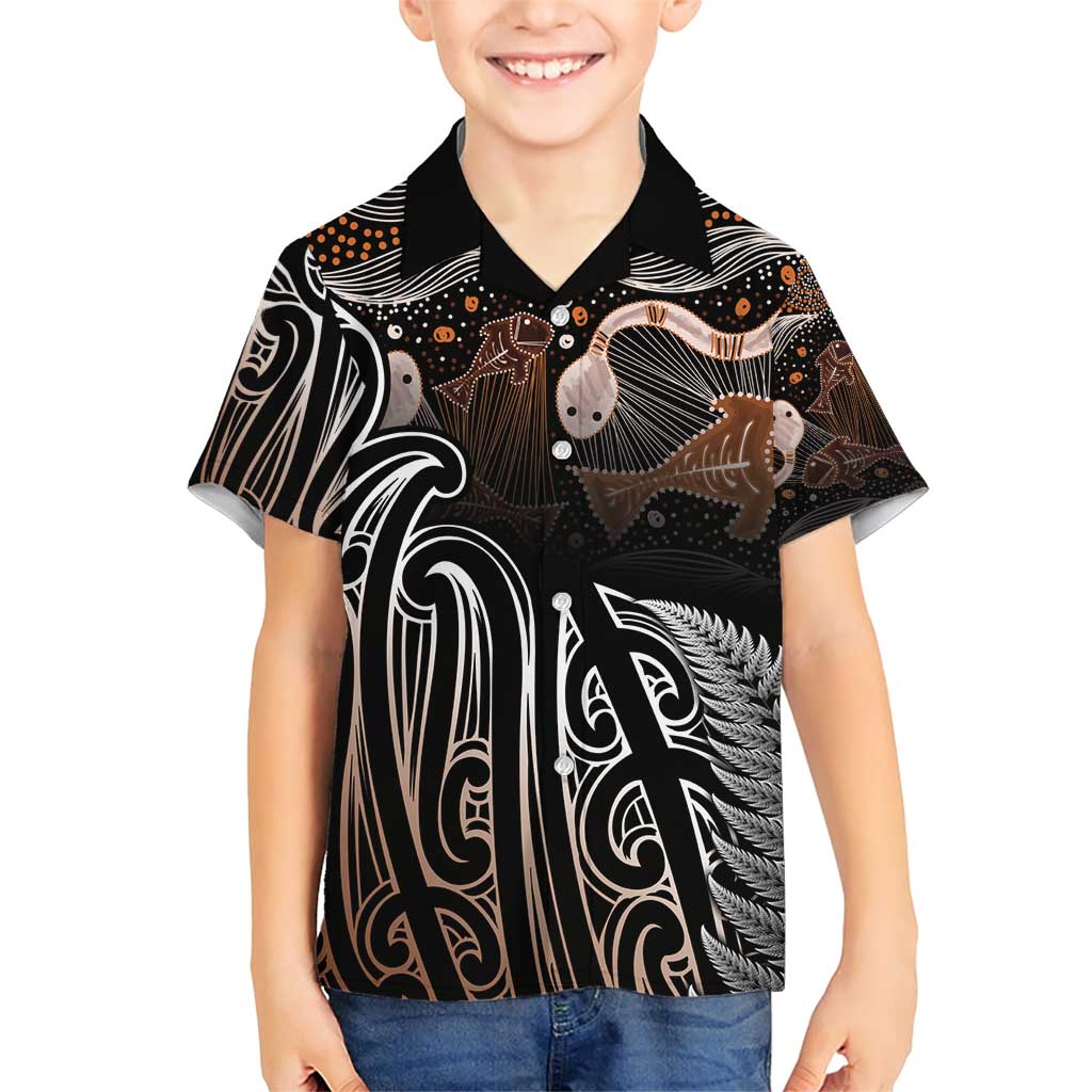 Aotearoa Maori - Australia Indigenous Family Matching Short Sleeve Bodycon Dress and Hawaiian Shirt Koiri Whakairo Mix Aboriginal Art LT7 Son's Shirt Brown - Polynesian Pride