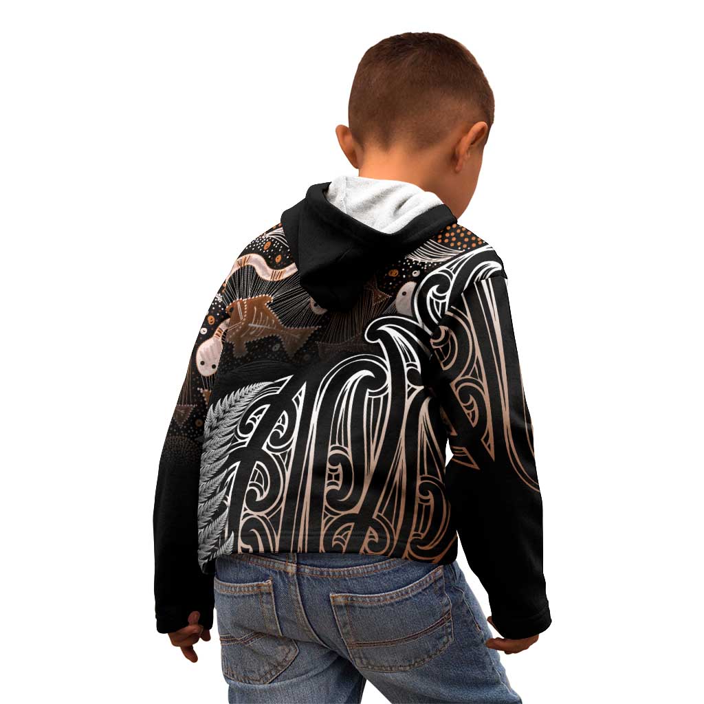 Aotearoa Maori - Australia Indigenous Kid Hoodie Koiri Whakairo Mix Aboriginal Art - Polynesian Pride