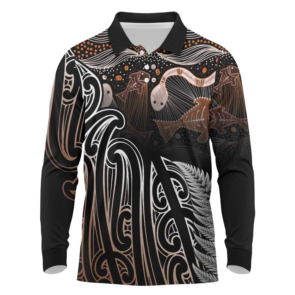 Aotearoa Maori - Australia Indigenous Long Sleeve Polo Shirt Koiri Whakairo Mix Aboriginal Art - Polynesian Pride