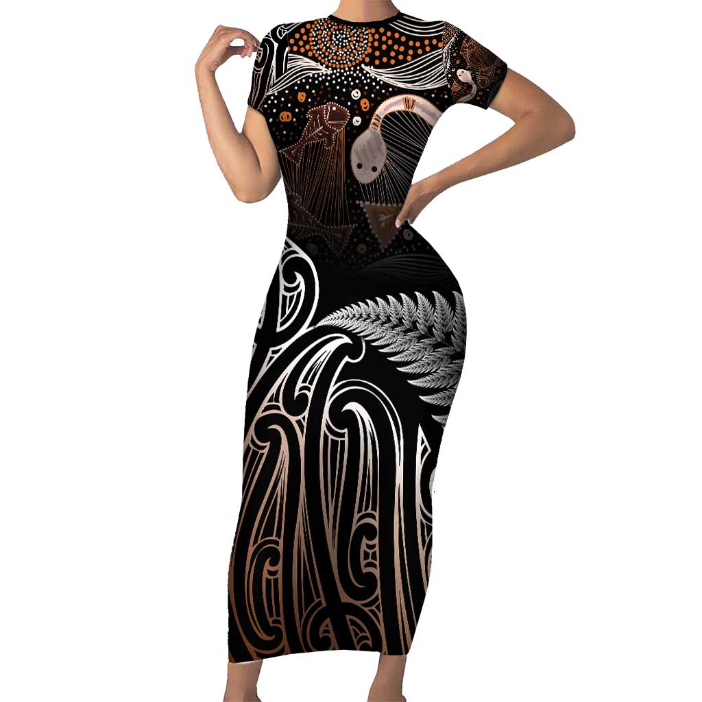 Aotearoa Maori - Australia Indigenous Short Sleeve Bodycon Dress Koiri Whakairo Mix Aboriginal Art - Polynesian Pride