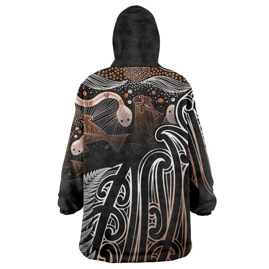 Aotearoa Maori - Australia Indigenous Wearable Blanket Hoodie Koiri Whakairo Mix Aboriginal Art - Polynesian Pride