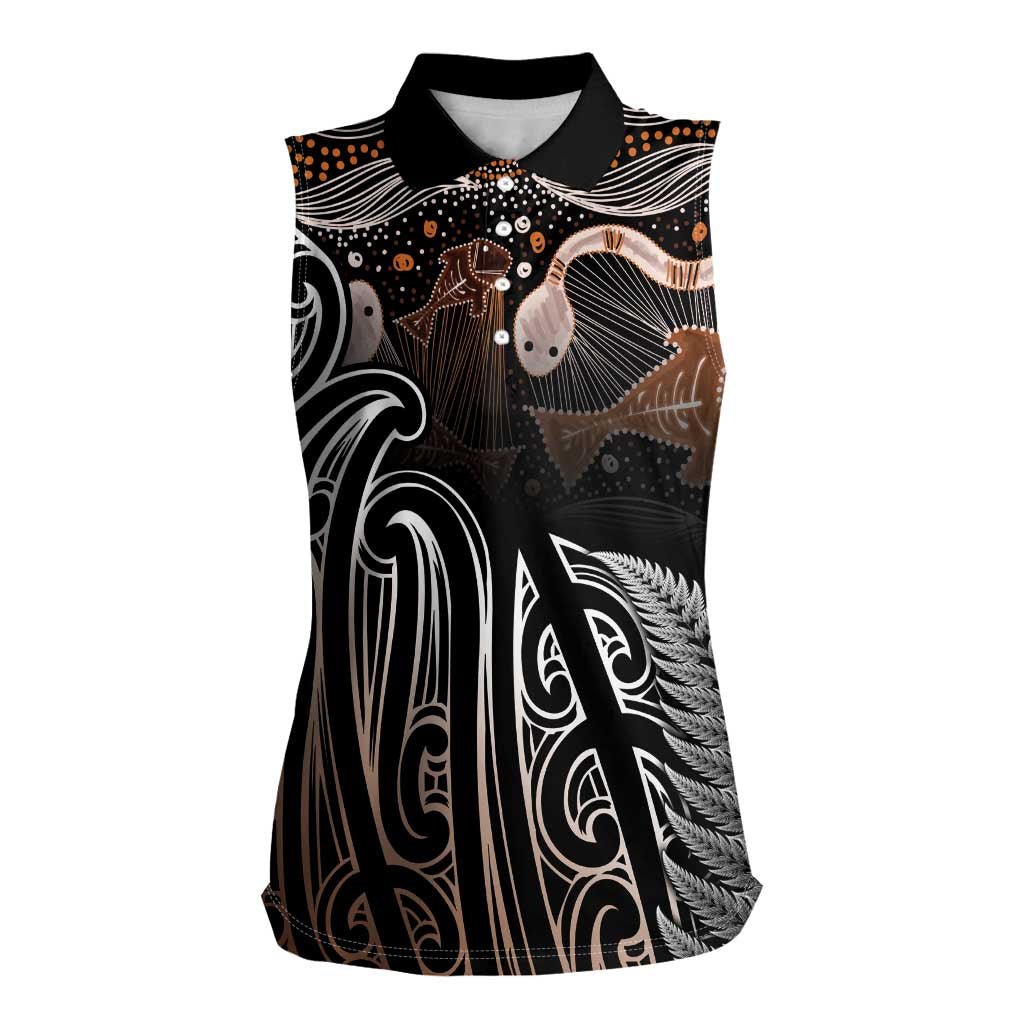 Aotearoa Maori - Australia Indigenous Women Sleeveless Polo Shirt Koiri Whakairo Mix Aboriginal Art - Polynesian Pride