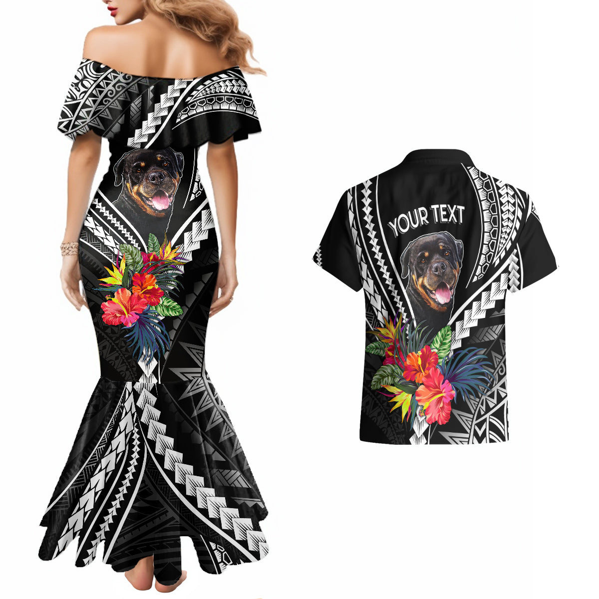 Personalised Polynesian Dog Couples Matching Mermaid Dress And Hawaiian Shirt Rottweiler With Polynesia Pattern Curve Style LT7 - Polynesian Pride