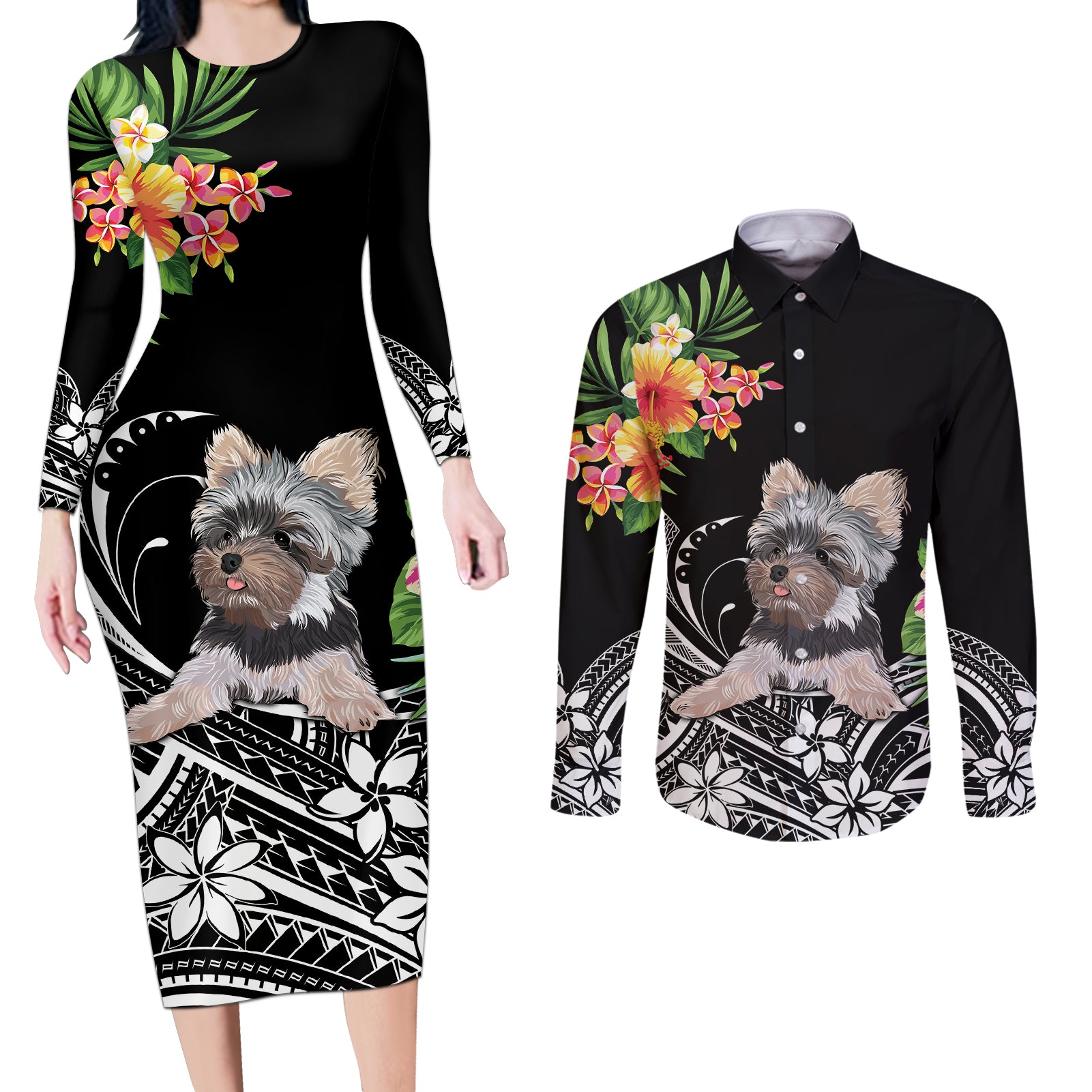 Personalised Polynesian Couples Matching Long Sleeve Bodycon Dress and Long Sleeve Button Shirts With Yorkshire Terrier Floral Style LT7 Black - Polynesian Pride